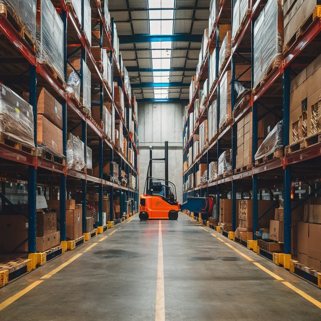 Warehouse interior with stacked cargo