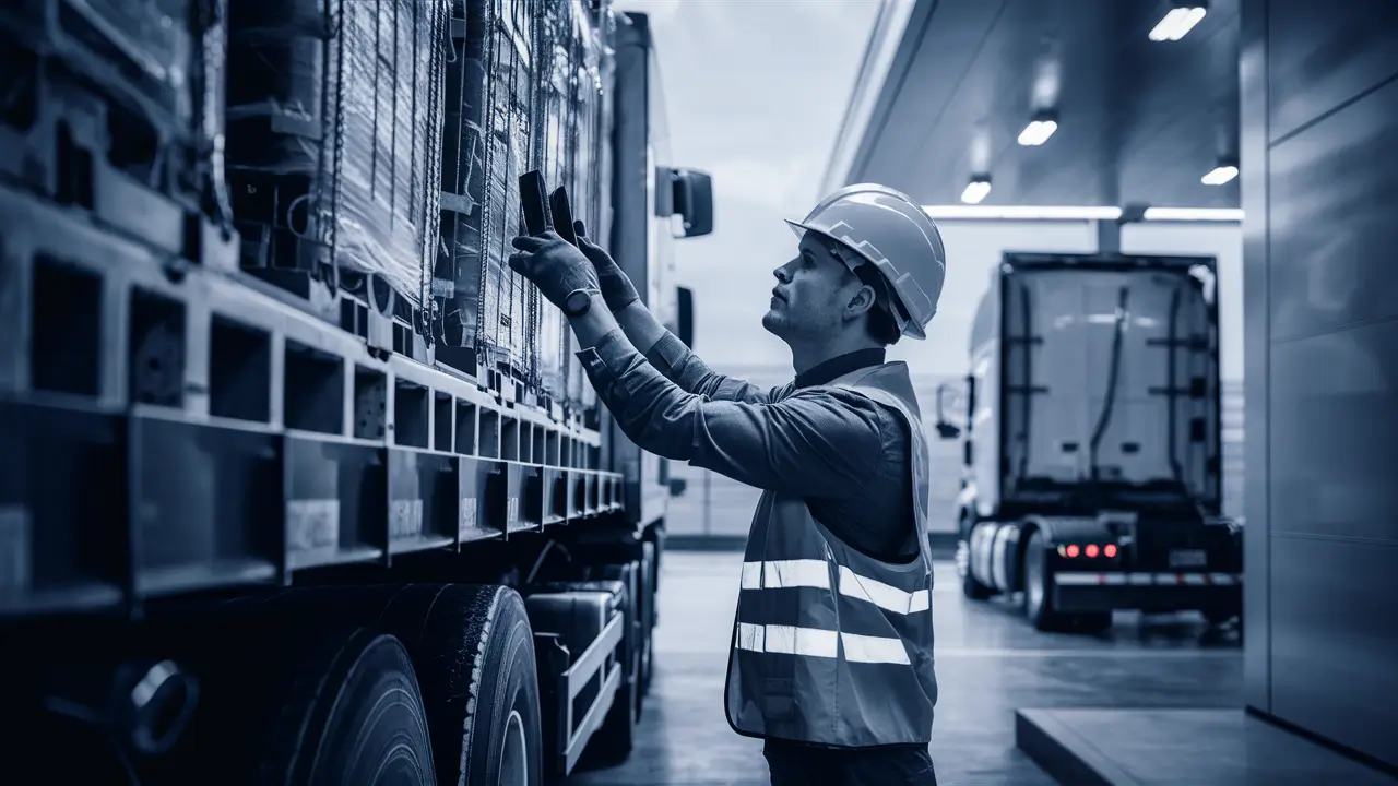 Safety inspector checking cargo on truck